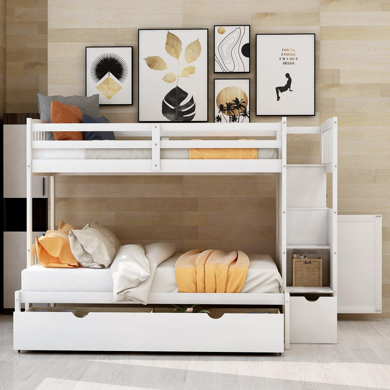 Twin over Full/Twin Bunk Bed, Convertible Bottom Bed, Storage Shelves and Drawers, White - Supfirm