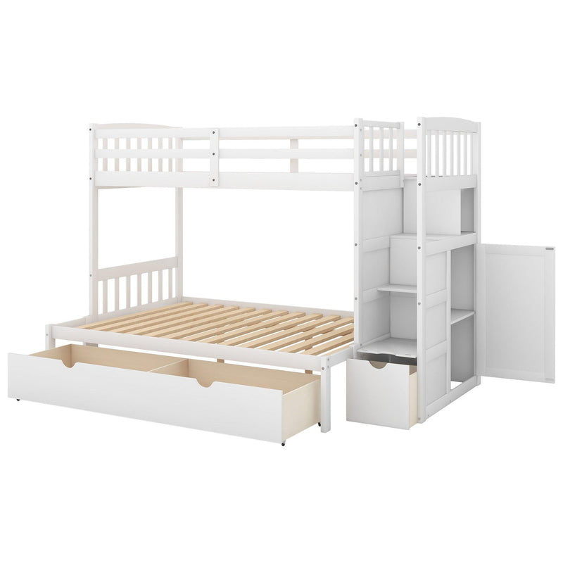 Twin over Full/Twin Bunk Bed, Convertible Bottom Bed, Storage Shelves and Drawers, White - Supfirm