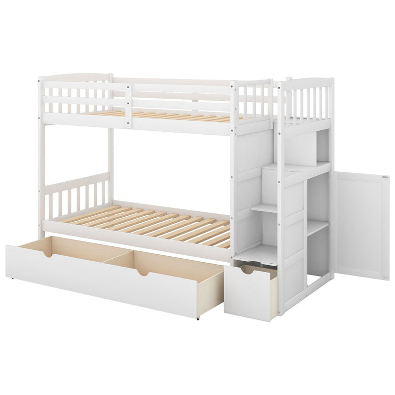 Twin over Full/Twin Bunk Bed, Convertible Bottom Bed, Storage Shelves and Drawers, White - Supfirm