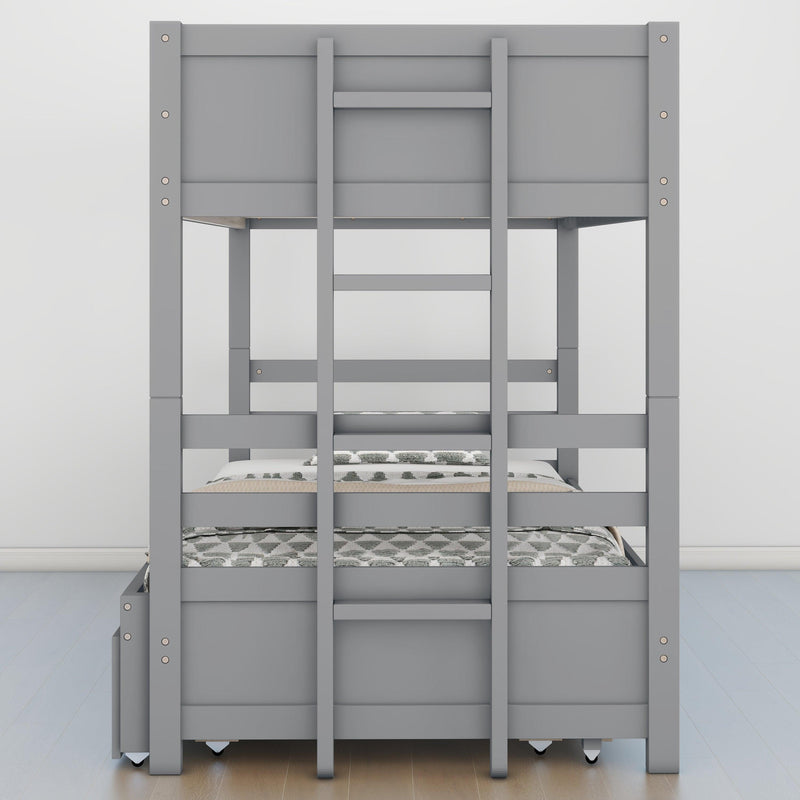 Twin over Pull-out Bunk Bed with Trundle, Gray - Supfirm