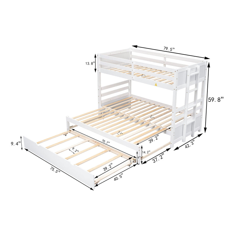 Twin over Pull-out Bunk Bed with Trundle, White - Supfirm