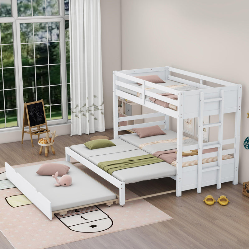 Twin over Pull-out Bunk Bed with Trundle, White - Supfirm