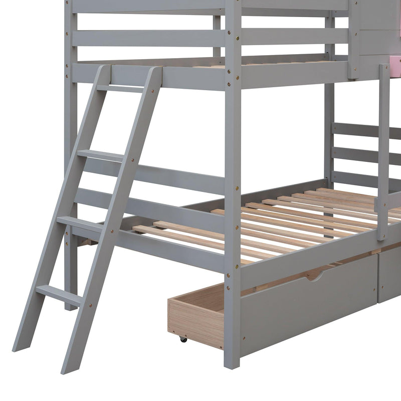 Twin over Twin Bunk Bed with 2 Drawers, 1 Storage Box, 1 Shelf, Window and Roof-Gray(OLD SKU:LT000608AAE) - Supfirm