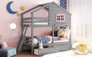 Twin over Twin Bunk Bed with 2 Drawers, 1 Storage Box, 1 Shelf, Window and Roof-Gray(OLD SKU:LT000608AAE) - Supfirm