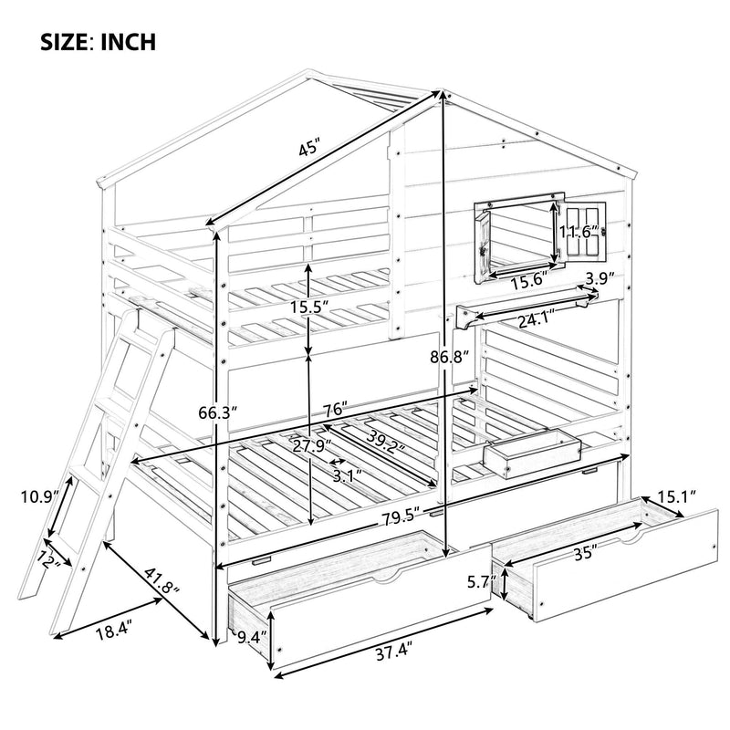 Twin over Twin Bunk Bed with 2 Drawers, 1 Storage Box, 1 Shelf, Window and Roof-Gray(OLD SKU:LT000608AAE) - Supfirm