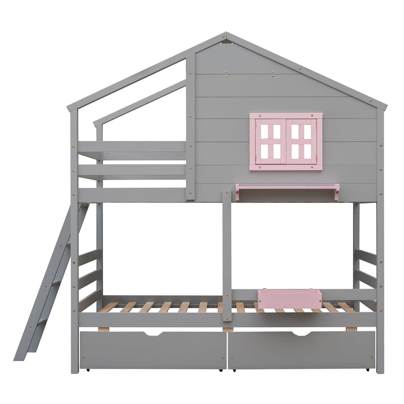 Twin over Twin Bunk Bed with 2 Drawers, 1 Storage Box, 1 Shelf, Window and Roof-Gray(OLD SKU:LT000608AAE) - Supfirm