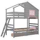 Twin over Twin Bunk Bed with 2 Drawers, 1 Storage Box, 1 Shelf, Window and Roof-Gray(OLD SKU:LT000608AAE) - Supfirm