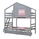 Twin over Twin Bunk Bed with 2 Drawers, 1 Storage Box, 1 Shelf, Window and Roof-Gray(OLD SKU:LT000608AAE) - Supfirm