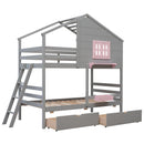 Twin over Twin Bunk Bed with 2 Drawers, 1 Storage Box, 1 Shelf, Window and Roof-Gray(OLD SKU:LT000608AAE) - Supfirm