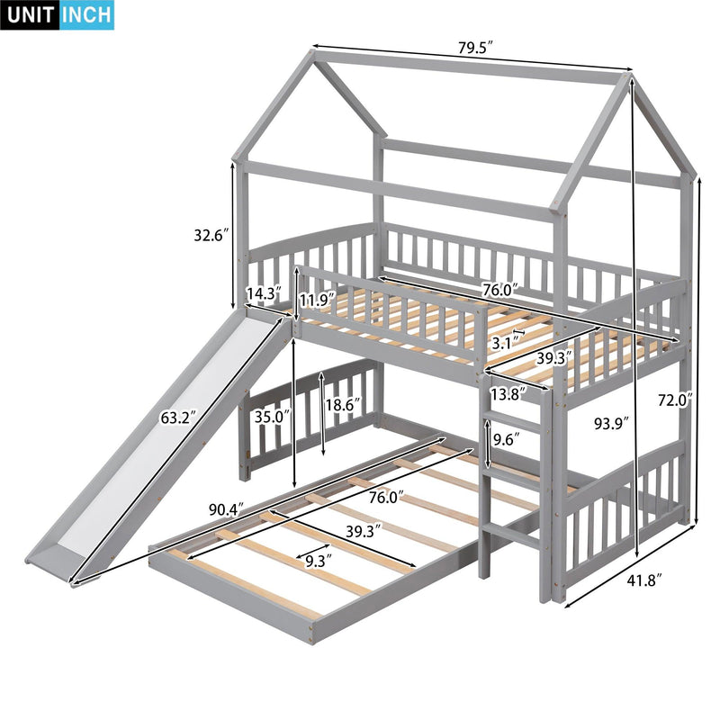 Twin Over Twin Bunk Bed with Slide, House Bed with Slide, Gray(OLD SKU: LT000214AAE) - Supfirm