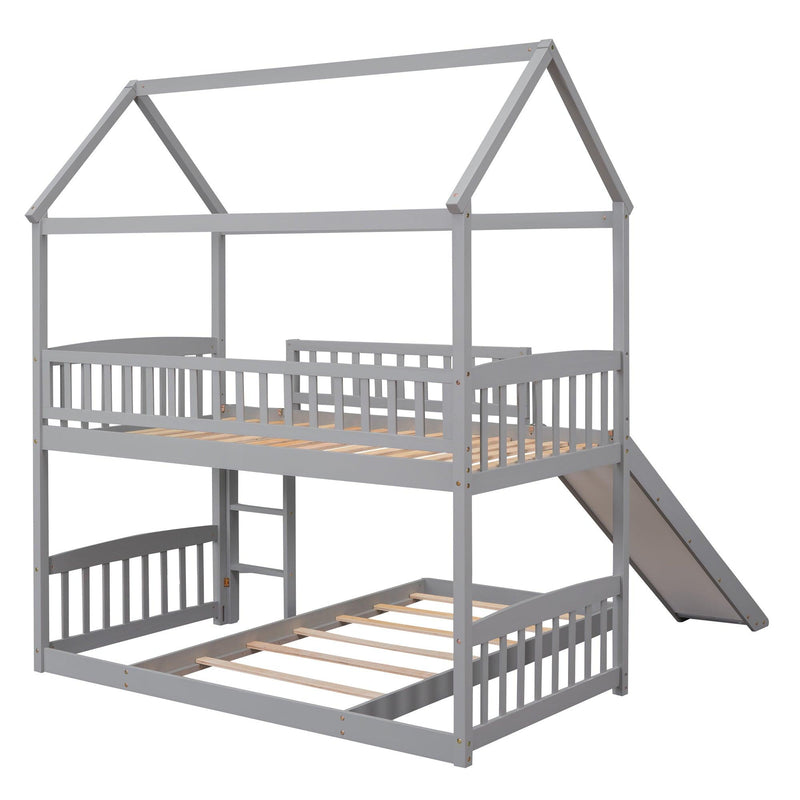 Twin Over Twin Bunk Bed with Slide, House Bed with Slide, Gray(OLD SKU: LT000214AAE) - Supfirm