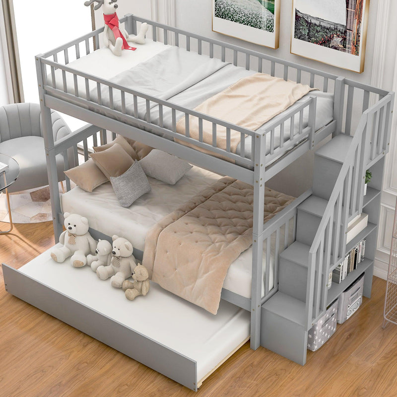 Twin over Twin Bunk Bed with Trundle and Storage, Gray - Supfirm