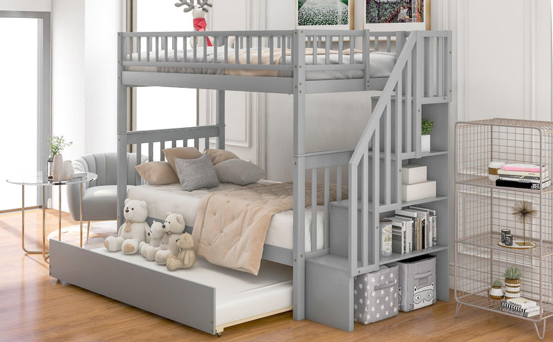 Twin over Twin Bunk Bed with Trundle and Storage, Gray - Supfirm