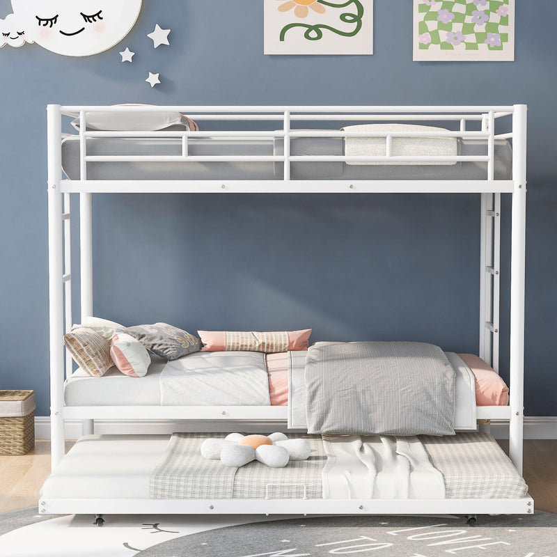 Twin over Twin Bunk Bed with Trundle, White - Supfirm