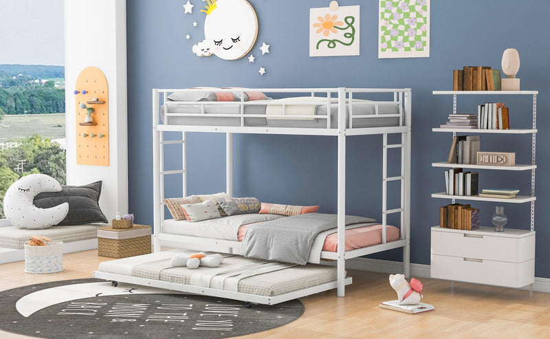 Twin over Twin Bunk Bed with Trundle, White - Supfirm