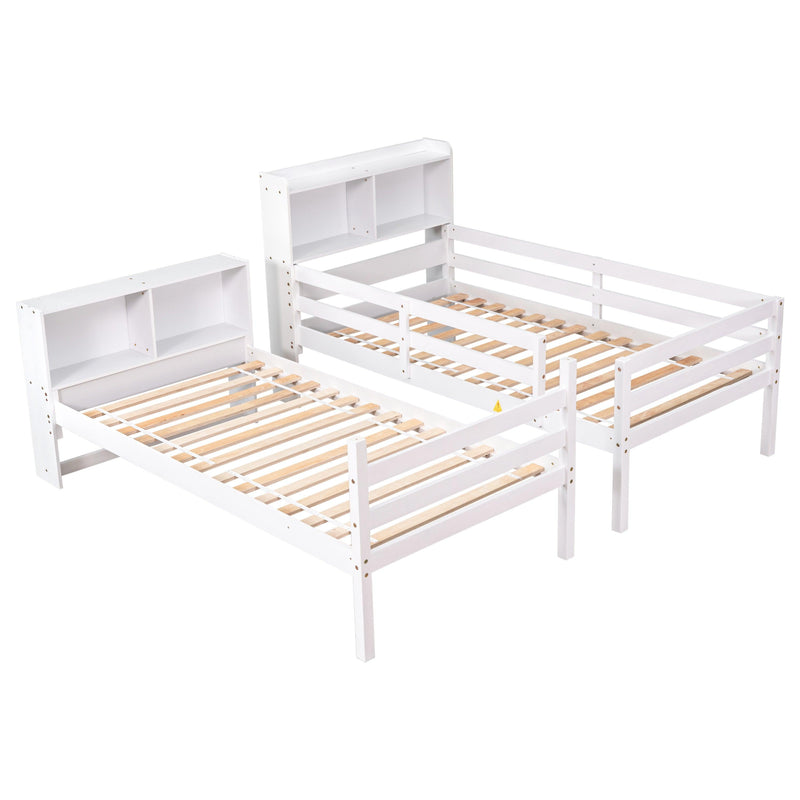 Twin Over Twin Bunk Beds with Bookcase Headboard, Solid Wood Bed Frame with Safety Rail and Ladder, Kids/Teens Bedroom, Guest Room Furniture, Can Be converted into 2 Beds, White - Supfirm