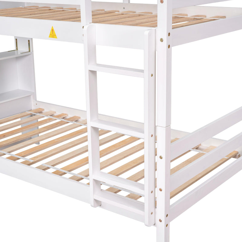 Twin Over Twin Bunk Beds with Bookcase Headboard, Solid Wood Bed Frame with Safety Rail and Ladder, Kids/Teens Bedroom, Guest Room Furniture, Can Be converted into 2 Beds, White - Supfirm