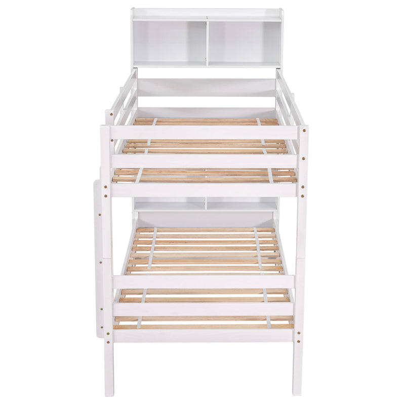 Twin Over Twin Bunk Beds with Bookcase Headboard, Solid Wood Bed Frame with Safety Rail and Ladder, Kids/Teens Bedroom, Guest Room Furniture, Can Be converted into 2 Beds, White - Supfirm