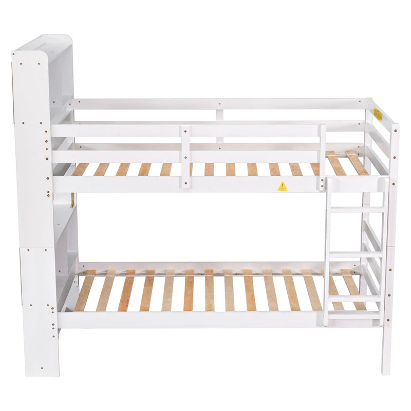 Twin Over Twin Bunk Beds with Bookcase Headboard, Solid Wood Bed Frame with Safety Rail and Ladder, Kids/Teens Bedroom, Guest Room Furniture, Can Be converted into 2 Beds, White - Supfirm