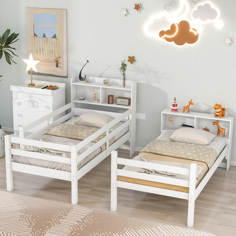 Twin Over Twin Bunk Beds with Bookcase Headboard, Solid Wood Bed Frame with Safety Rail and Ladder, Kids/Teens Bedroom, Guest Room Furniture, Can Be converted into 2 Beds, White - Supfirm