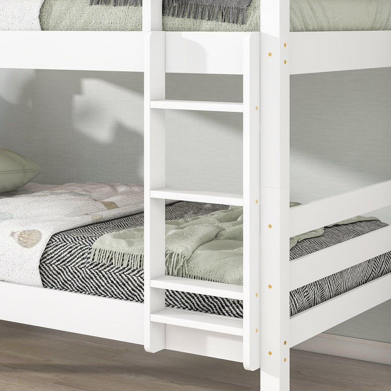 Twin Over Twin Bunk Beds with Bookcase Headboard, Solid Wood Bed Frame with Safety Rail and Ladder, Kids/Teens Bedroom, Guest Room Furniture, Can Be converted into 2 Beds, White - Supfirm