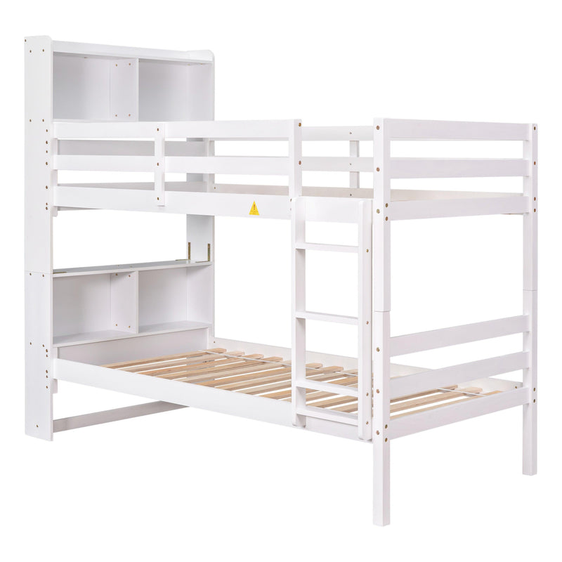 Twin Over Twin Bunk Beds with Bookcase Headboard, Solid Wood Bed Frame with Safety Rail and Ladder, Kids/Teens Bedroom, Guest Room Furniture, Can Be converted into 2 Beds, White - Supfirm