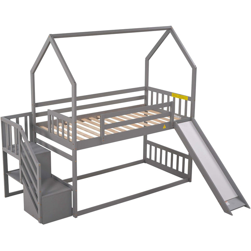 Twin over Twin House Bunk Bed with Convertible Slide,Storage Staircase can be Placed Left or Right,Gray - Supfirm