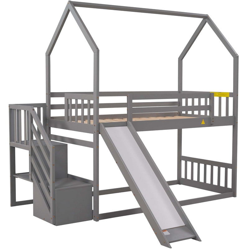 Twin over Twin House Bunk Bed with Convertible Slide,Storage Staircase can be Placed Left or Right,Gray - Supfirm