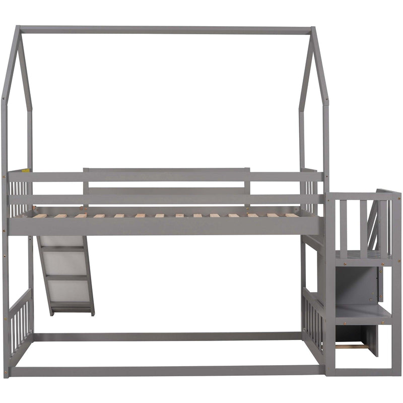 Twin over Twin House Bunk Bed with Convertible Slide,Storage Staircase can be Placed Left or Right,Gray - Supfirm