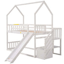 Twin over Twin House Bunk Bed with Convertible Slide,Storage Staircase,White - Supfirm