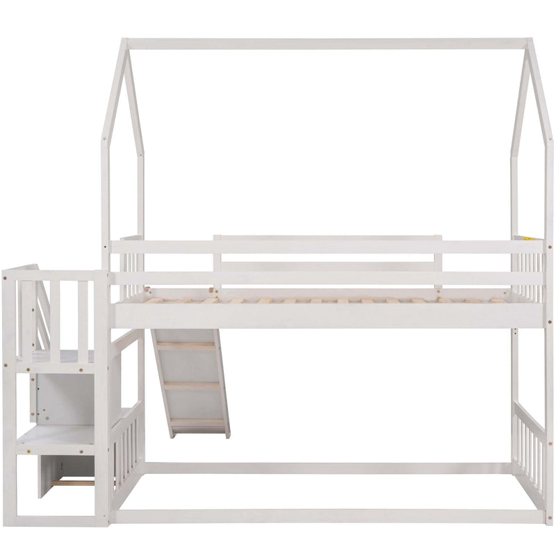 Twin over Twin House Bunk Bed with Convertible Slide,Storage Staircase,White - Supfirm