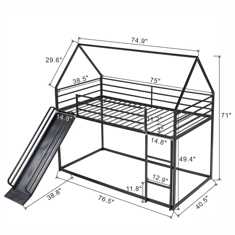 Twin over Twin House Bunk Bed with Ladder and Slide,Black - Supfirm