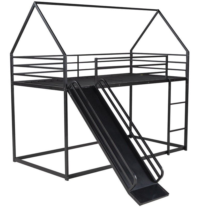 Twin over Twin House Bunk Bed with Ladder and Slide,Black - Supfirm