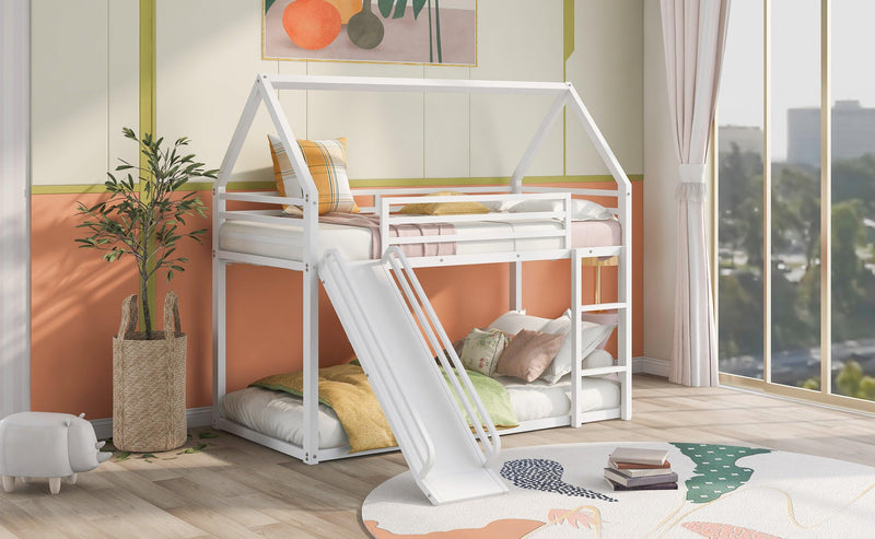 Twin over Twin House Bunk Bed with Ladder and Slide,White - Supfirm