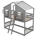 Twin over Twin House Bunk Bed with Roof , Window, Window Box, Door , with Safety Guardrails and Ladder, Grey - Supfirm