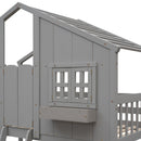 Twin over Twin House Bunk Bed with Roof , Window, Window Box, Door , with Safety Guardrails and Ladder, Grey - Supfirm