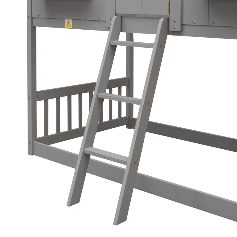 Twin over Twin House Bunk Bed with Roof , Window, Window Box, Door , with Safety Guardrails and Ladder, Grey - Supfirm