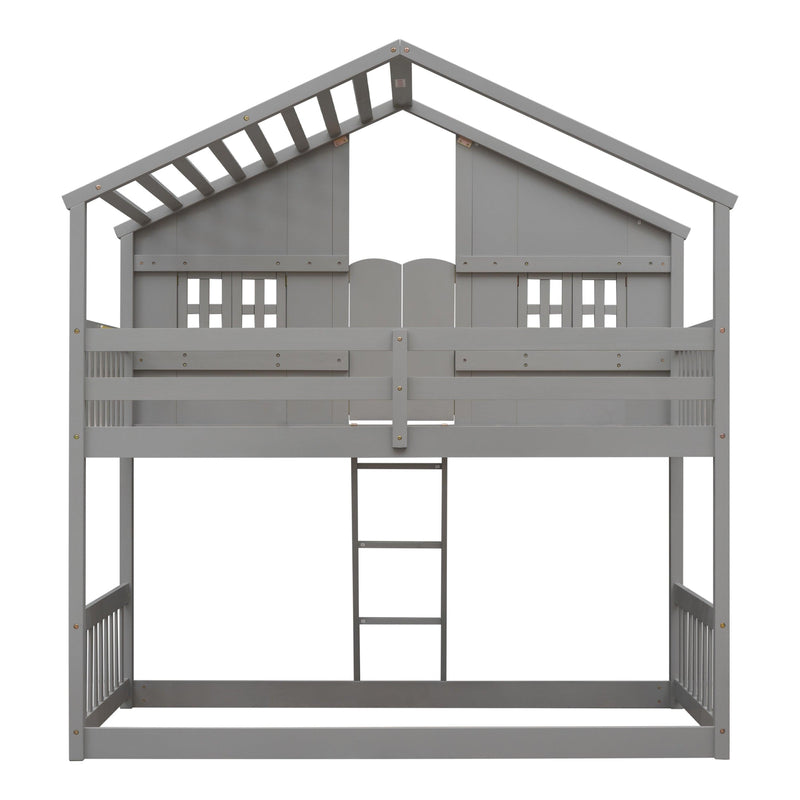 Twin over Twin House Bunk Bed with Roof , Window, Window Box, Door , with Safety Guardrails and Ladder, Grey - Supfirm