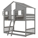 Twin over Twin House Bunk Bed with Roof , Window, Window Box, Door , with Safety Guardrails and Ladder, Grey - Supfirm