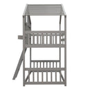 Twin over Twin House Bunk Bed with Roof , Window, Window Box, Door , with Safety Guardrails and Ladder, Grey - Supfirm