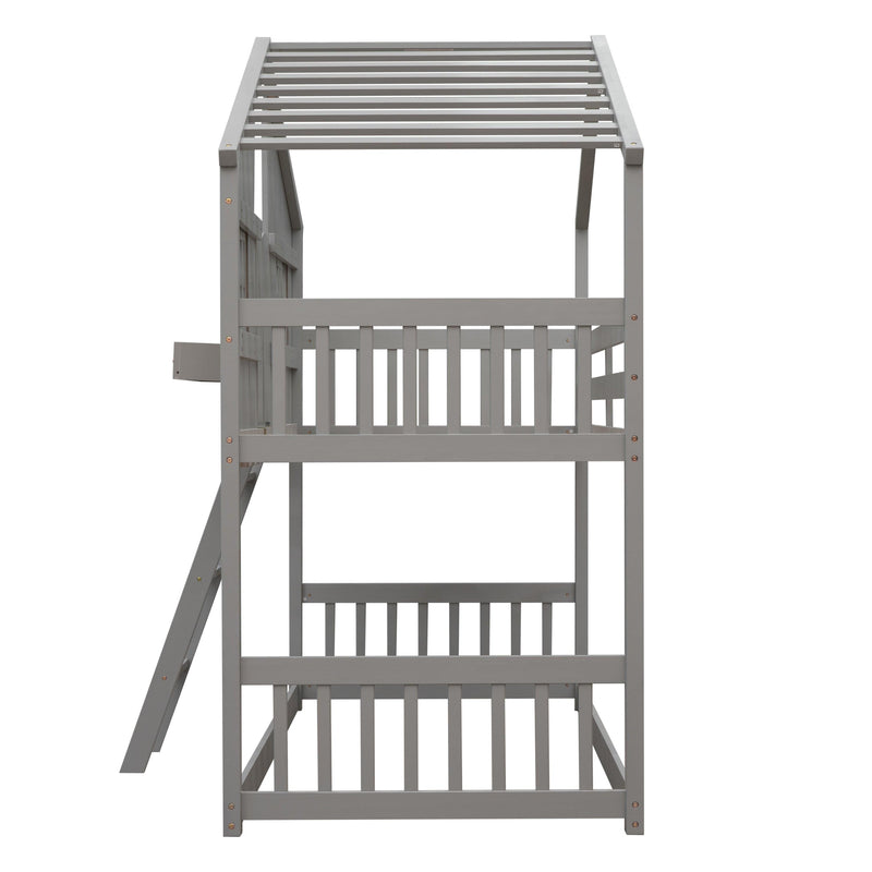 Twin over Twin House Bunk Bed with Roof , Window, Window Box, Door , with Safety Guardrails and Ladder, Grey - Supfirm