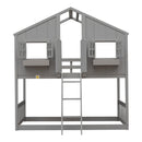 Twin over Twin House Bunk Bed with Roof , Window, Window Box, Door , with Safety Guardrails and Ladder, Grey - Supfirm