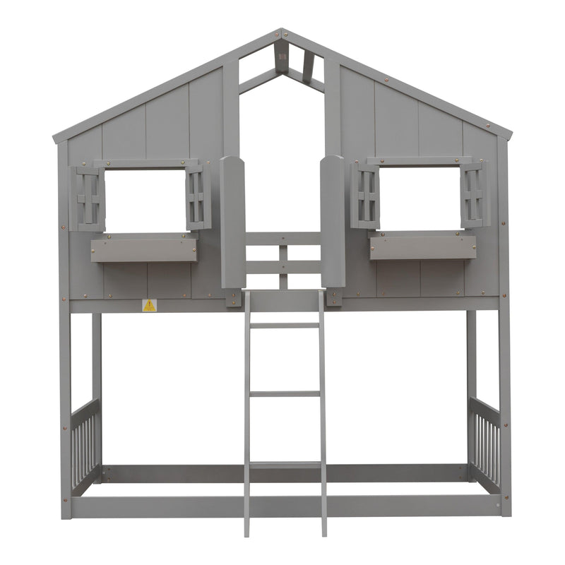 Twin over Twin House Bunk Bed with Roof , Window, Window Box, Door , with Safety Guardrails and Ladder, Grey - Supfirm