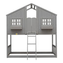 Twin over Twin House Bunk Bed with Roof , Window, Window Box, Door , with Safety Guardrails and Ladder, Grey - Supfirm