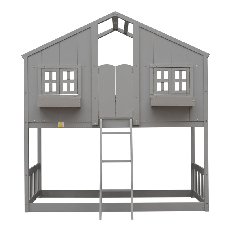 Twin over Twin House Bunk Bed with Roof , Window, Window Box, Door , with Safety Guardrails and Ladder, Grey - Supfirm