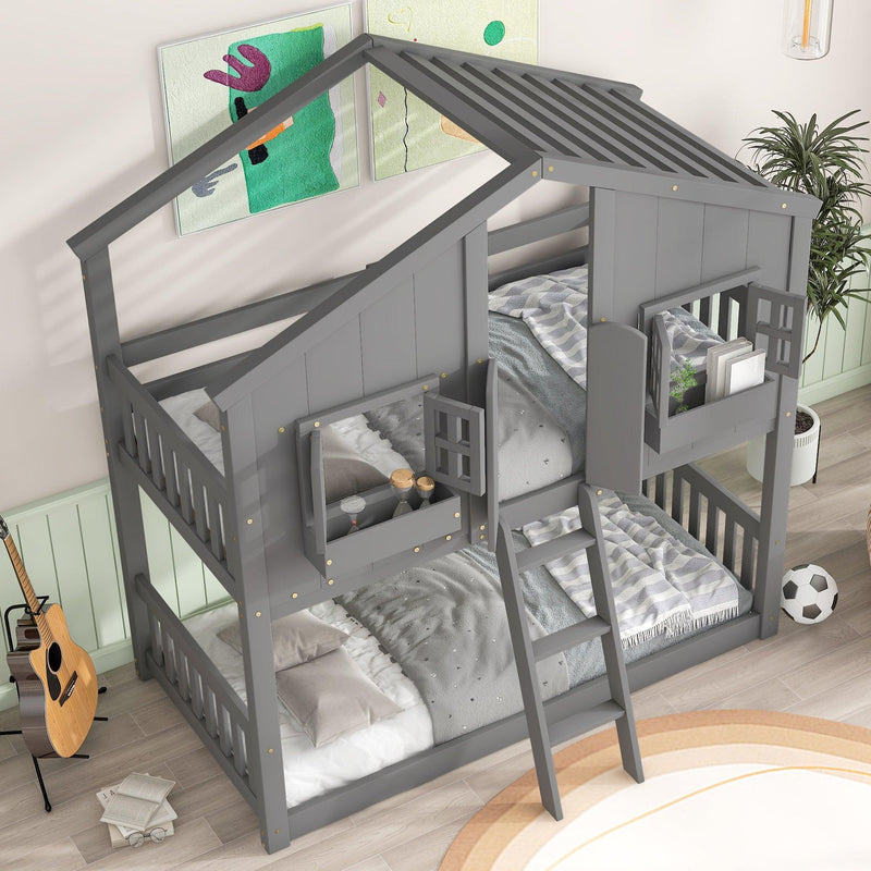 Twin over Twin House Bunk Bed with Roof , Window, Window Box, Door , with Safety Guardrails and Ladder, Grey - Supfirm