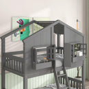 Twin over Twin House Bunk Bed with Roof , Window, Window Box, Door , with Safety Guardrails and Ladder, Grey - Supfirm