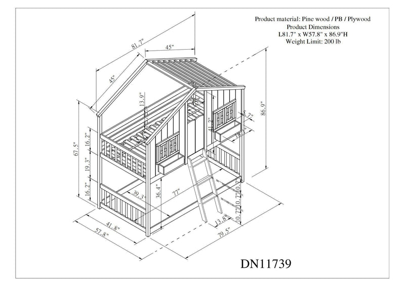 Twin over Twin House Bunk Bed with Roof , Window, Window Box, Door , with Safety Guardrails and Ladder, Grey - Supfirm