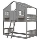 Twin over Twin House Bunk Bed with Roof , Window, Window Box, Door , with Safety Guardrails and Ladder, Grey - Supfirm