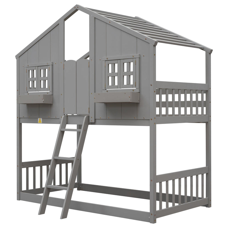 Twin over Twin House Bunk Bed with Roof , Window, Window Box, Door , with Safety Guardrails and Ladder, Grey - Supfirm